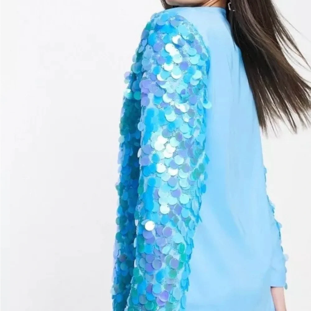 ASOS Iridescent Blue Sequin Long Sleeve Dress - Picture 3 of 5